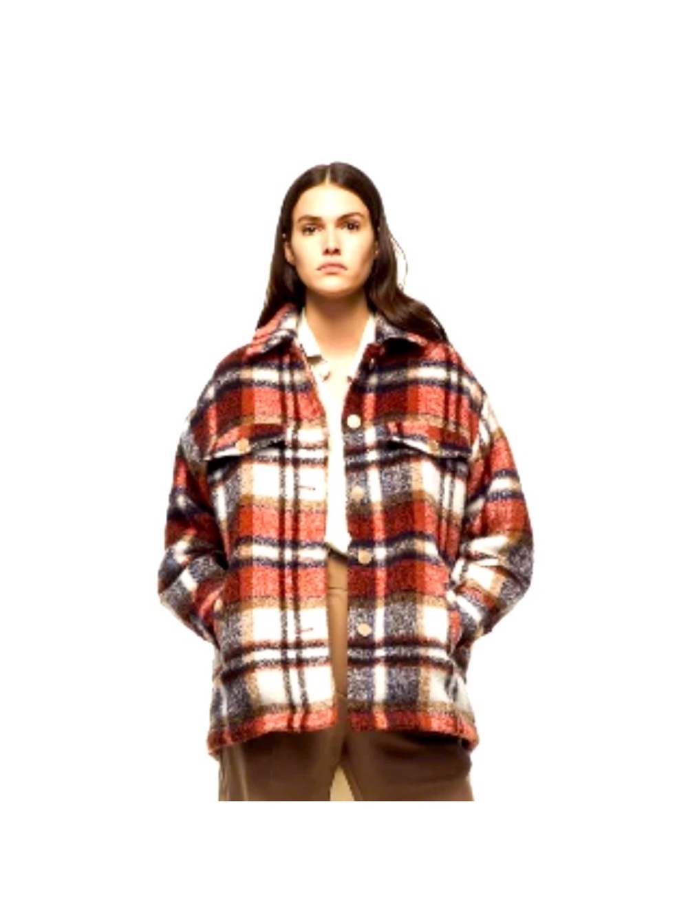 Zara Oversized Plaid Utility Shacket Jacket in Rust, Navy & Cream sz L